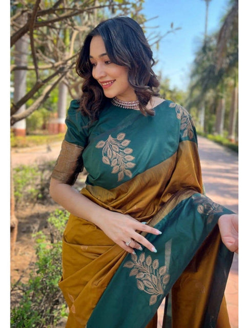 Women's Soft Lichi Silk Printed Saree With Unstitched Blouse 5.5Mtr (Mustard )