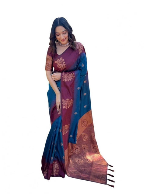 Women's Soft Lichi Silk Printed Saree With Unstitched Blouse 5.5Mtr (Blue)