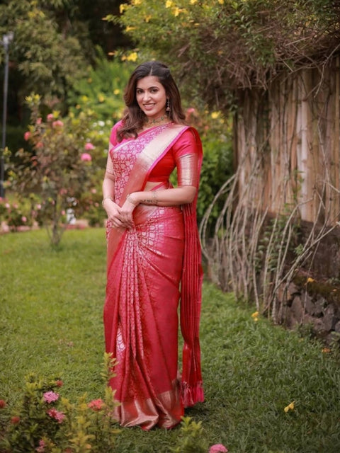 Women's Soft Lichi Silk Printed Saree With Unstitched Blouse 5.5Mtr (Pink)