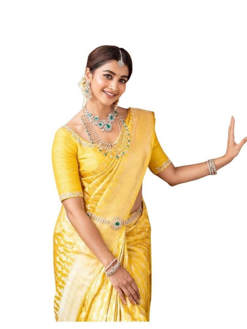 Women's Soft Lichi Silk Printed Saree With Unstitched Blouse 5.5Mtr (Yellow)