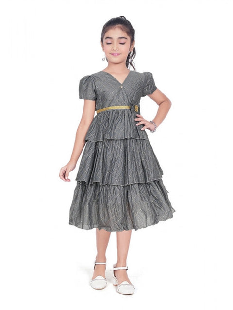 Generic Girl's Artificial Silk Striped Short Sleeve V Neck Dress (Grey)