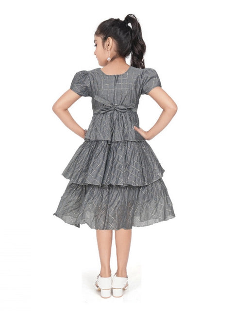 Generic Girl's Artificial Silk Striped Short Sleeve V Neck Dress (Grey)