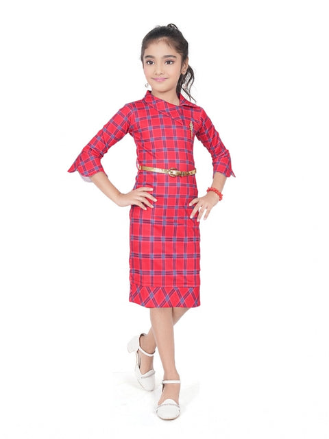 Generic Girl's Knitted Printed 3/4 th Sleeve Close Neck Dress (Pink)