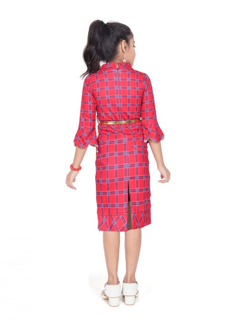 Generic Girl's Knitted Printed 3/4 th Sleeve Close Neck Dress (Pink)