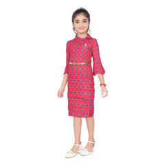 Generic Girl's Knitted Printed 3/4 th Sleeve Close Neck Dress (Pink)