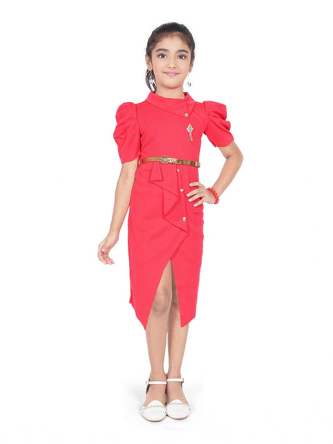 Generic Girl's Cotton Lycra Soild Short Sleeve Close Neck Dress (Pink)