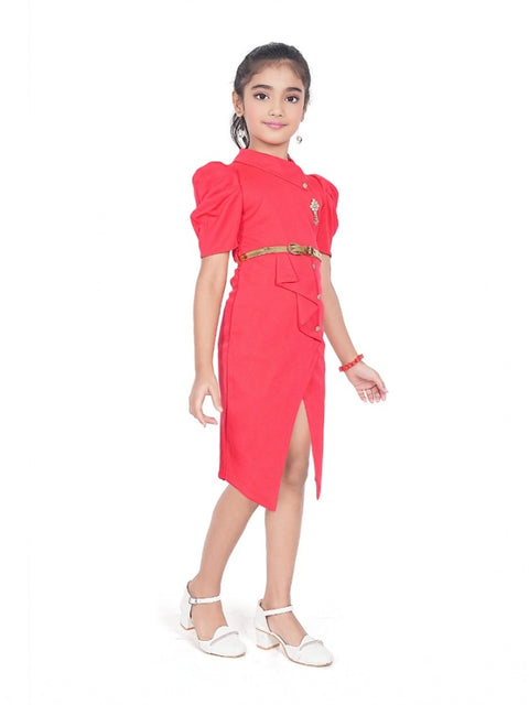 Generic Girl's Cotton Lycra Soild Short Sleeve Close Neck Dress (Pink)