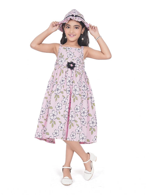 Generic Girl's Cotton Printed Sleeve Less Round Neck Dress (Pink)
