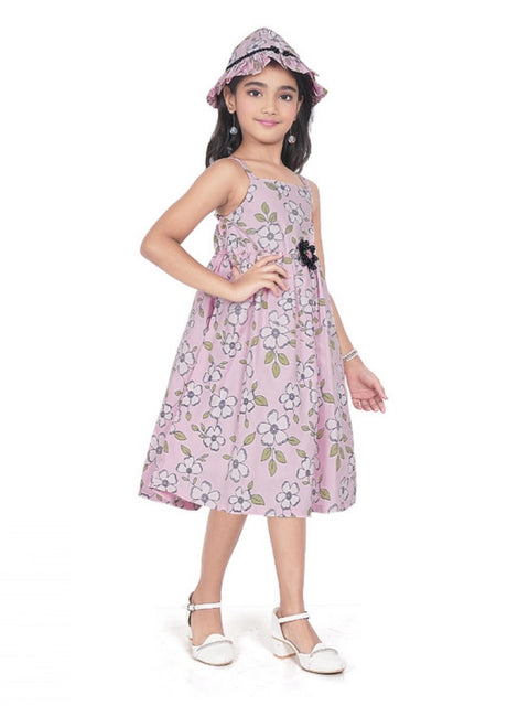 Generic Girl's Cotton Printed Sleeve Less Round Neck Dress (Pink)