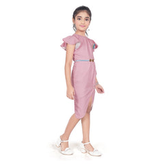 Generic Girl's Knitted Striped Short Sleeve Close Neck Dress (Pink)