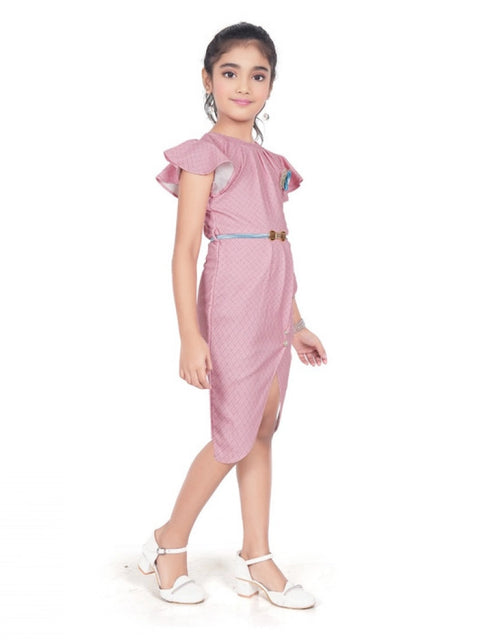 Generic Girl's Knitted Striped Short Sleeve Close Neck Dress (Pink)