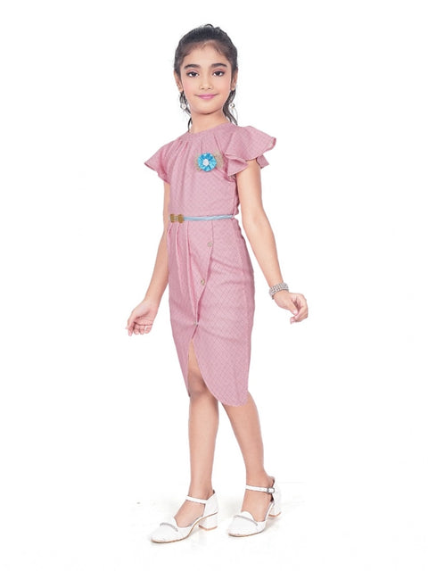 Generic Girl's Knitted Striped Short Sleeve Close Neck Dress (Pink)