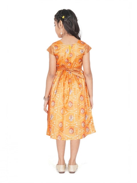 Generic Girl's Brocket Silk Printed Short Sleeve Round Neck Dress (Orange)