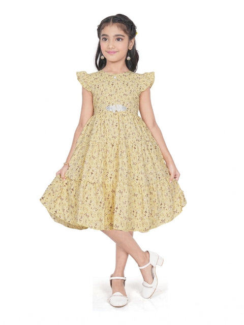 Generic Girl's Twill Printed Short Sleeve Round Neck Dress (Yellow)