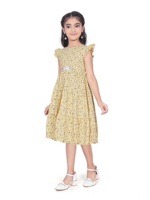 Generic Girl's Twill Printed Short Sleeve Round Neck Dress (Yellow)