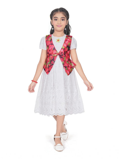 Generic Girl's Heavy Chicken Printed Short Sleeve Round Neck Dress (White)