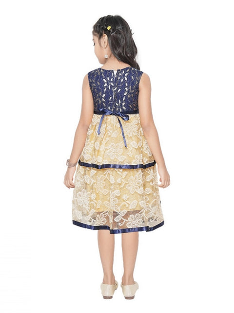 Generic Girl's Fancy Net Net Sleeve Less Round Neck Dress (Blue)