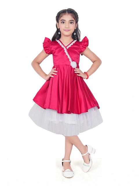 Generic Girl's Satin Soild Short Sleeve V Neck Dress (Pink)
