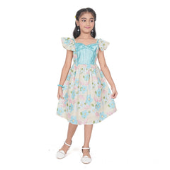 Generic Girl's Popcorn Printed Short Sleeve Squre Neck Dress (Sky Blue)