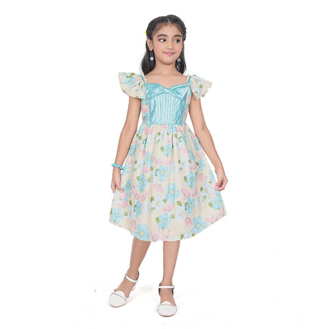 Generic Girl's Popcorn Printed Short Sleeve Squre Neck Dress (Sky Blue)