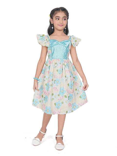 Generic Girl's Popcorn Printed Short Sleeve Squre Neck Dress (Sky Blue)