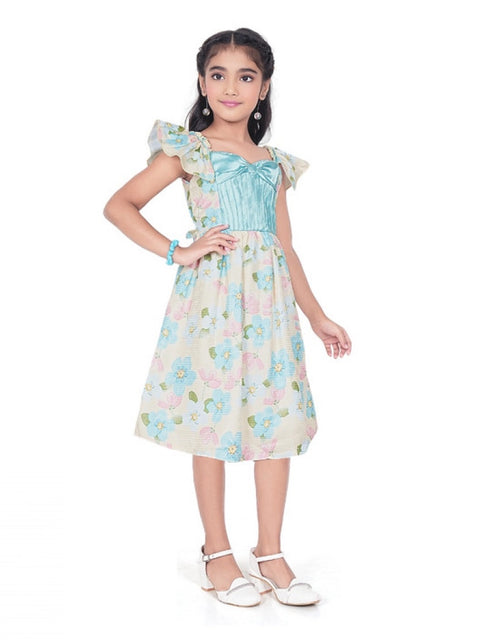 Generic Girl's Popcorn Printed Short Sleeve Squre Neck Dress (Sky Blue)
