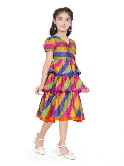 Generic Girl's Taffeta Silk Striped Short Sleeve V Neck Dress (Multicolor)