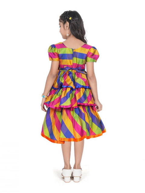 Generic Girl's Taffeta Silk Striped Short Sleeve V Neck Dress (Multicolor)
