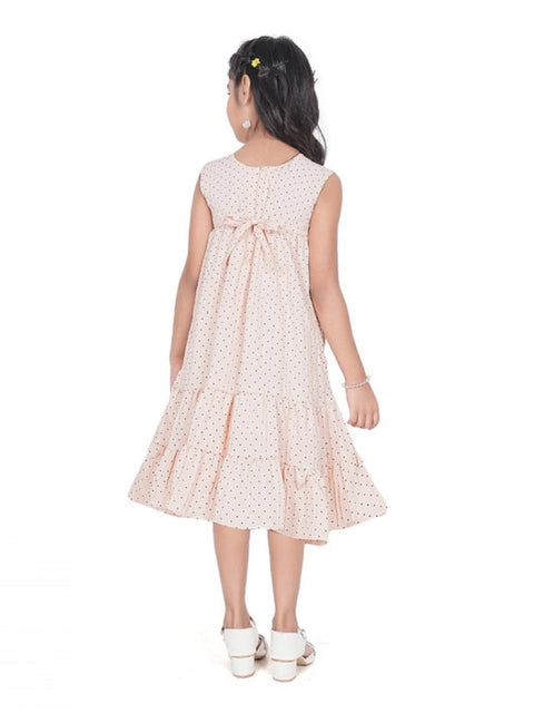 Generic Girl's Slub Printed Sleeve Less Round Neck Dress (Brown)