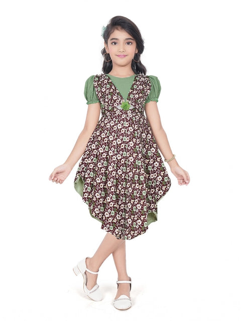 Generic Girl's Twill Printed Short Sleeve Round Neck Dress (Green)