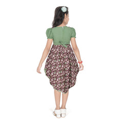 Generic Girl's Twill Printed Short Sleeve Round Neck Dress (Green)