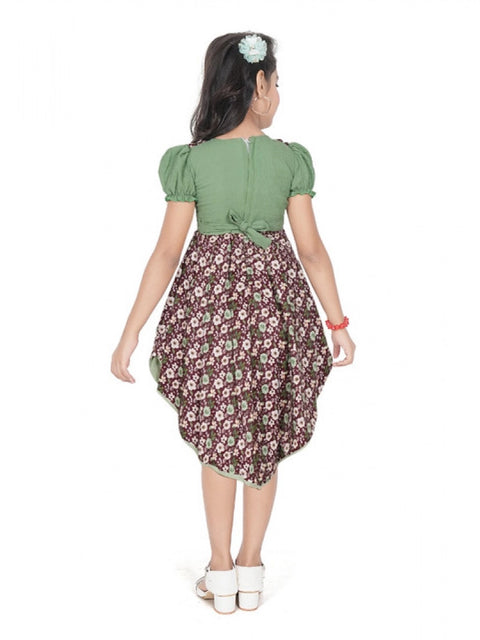 Generic Girl's Twill Printed Short Sleeve Round Neck Dress (Green)