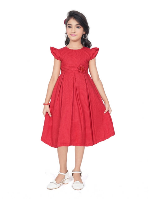 Generic Girl's Rayon Soild Short Sleeve Round Neck Dress (Red)