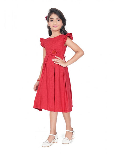 Generic Girl's Rayon Soild Short Sleeve Round Neck Dress (Red)
