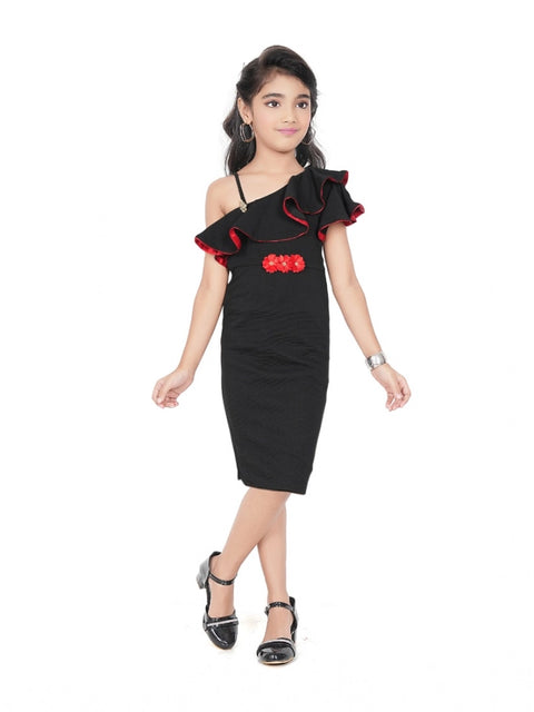 Generic Girl's Knitted Soild Sleeve Less Off Shoulder Dress (Black)
