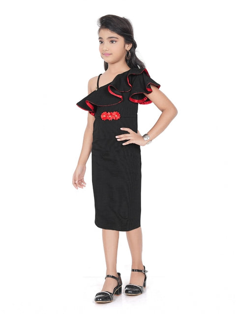 Generic Girl's Knitted Soild Sleeve Less Off Shoulder Dress (Black)