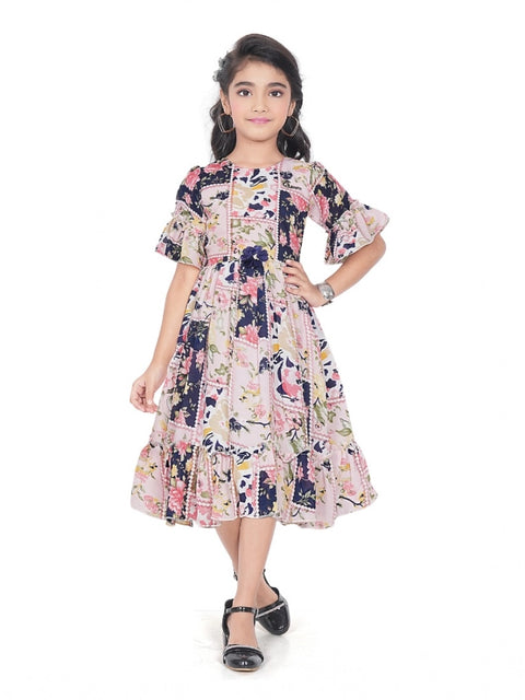 Generic Girl's Shiffon Printed Half Sleeve Round Neck Dress (Peach)