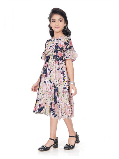 Generic Girl's Shiffon Printed Half Sleeve Round Neck Dress (Peach)