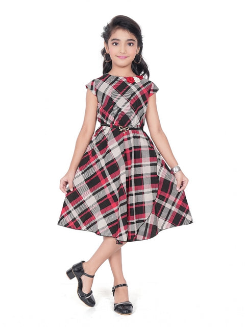 Generic Girl's Lycra Checks Striped Short Sleeve Round Neck Dress (Pink)