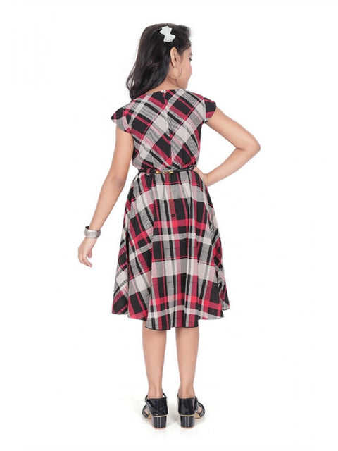 Generic Girl's Lycra Checks Striped Short Sleeve Round Neck Dress (Pink)