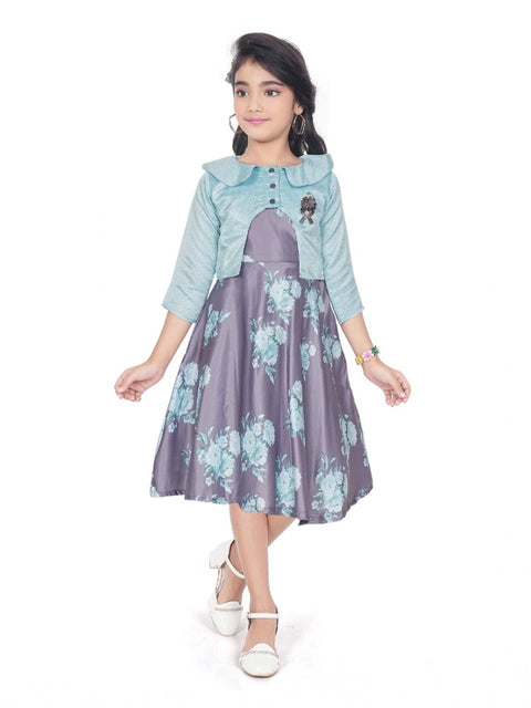 Generic Girl's Satin Printed Sleeve Less Round Neck Dress (Sea Green)