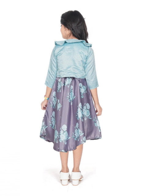 Generic Girl's Satin Printed Sleeve Less Round Neck Dress (Sea Green)
