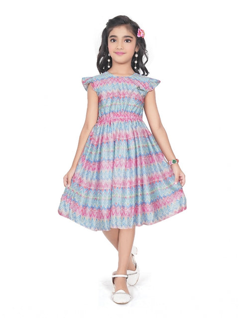 Generic Girl's Lycra Printed Sleeve Less Round Neck Dress (Multicolor)
