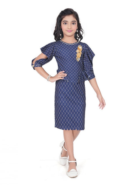 Generic Girl's Knitted Striped Short Sleeve Round Neck Dress (Navy Blue)