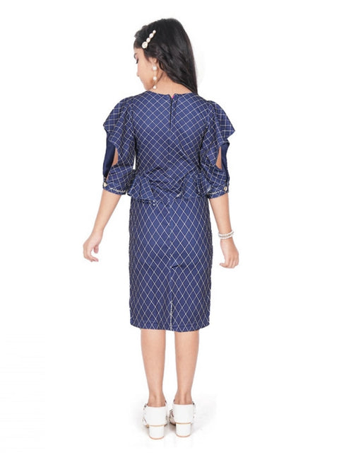 Generic Girl's Knitted Striped Short Sleeve Round Neck Dress (Navy Blue)