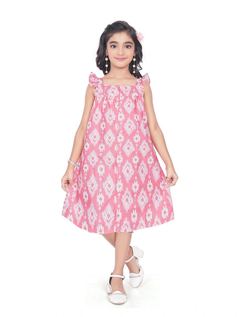 Generic Girl's Cotton Printed Sleeve Less Squre Neck Dress (Pink)