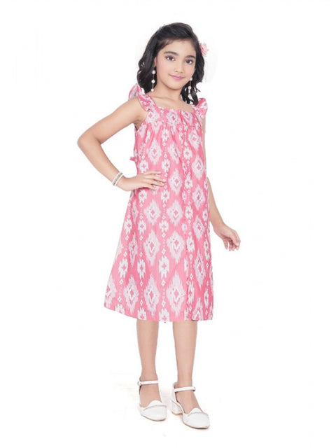 Generic Girl's Cotton Printed Sleeve Less Squre Neck Dress (Pink)
