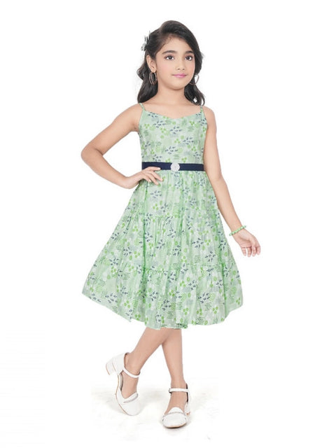 Generic Girl's Cotton Slub Printed Sleeve Less Round Neck Dress (Sea Green)