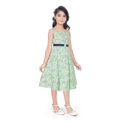 Generic Girl's Cotton Slub Printed Sleeve Less Round Neck Dress (Sea Green)