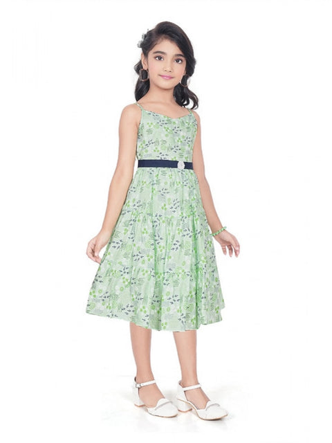 Generic Girl's Cotton Slub Printed Sleeve Less Round Neck Dress (Sea Green)